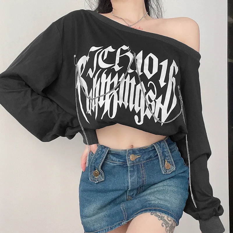 

Korean Fashion Letter Print Punk Pullover Women Sweatshirt Diagonal Chain Harajuku Cropped Hoodies Autumn y2k aesthetic gothic
