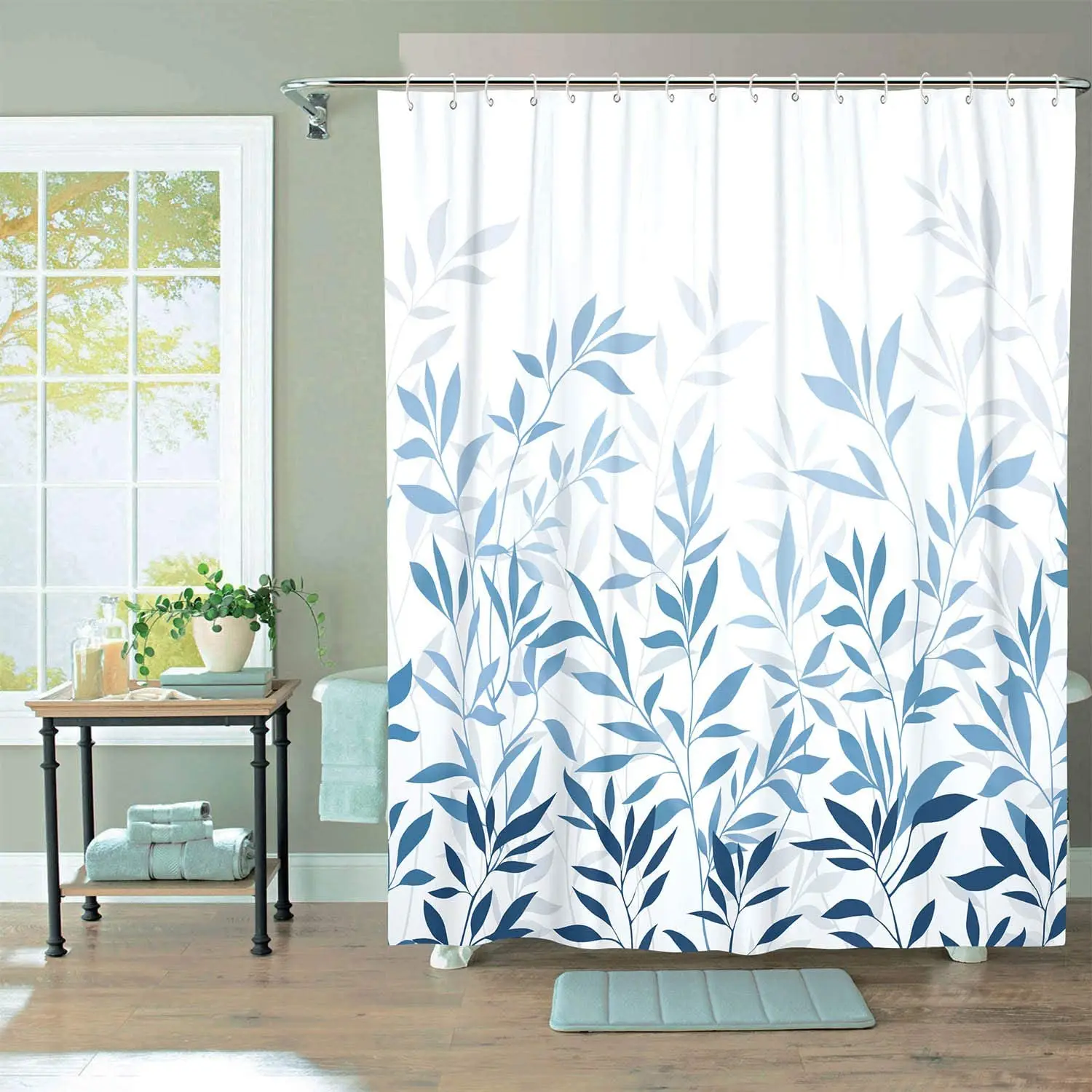 

Plant Foliage Floral Shower Curtain Fabric Shower Curtains For Bathroom Plant Leaves bathroom Curtain Sets With Hooks (Blue)