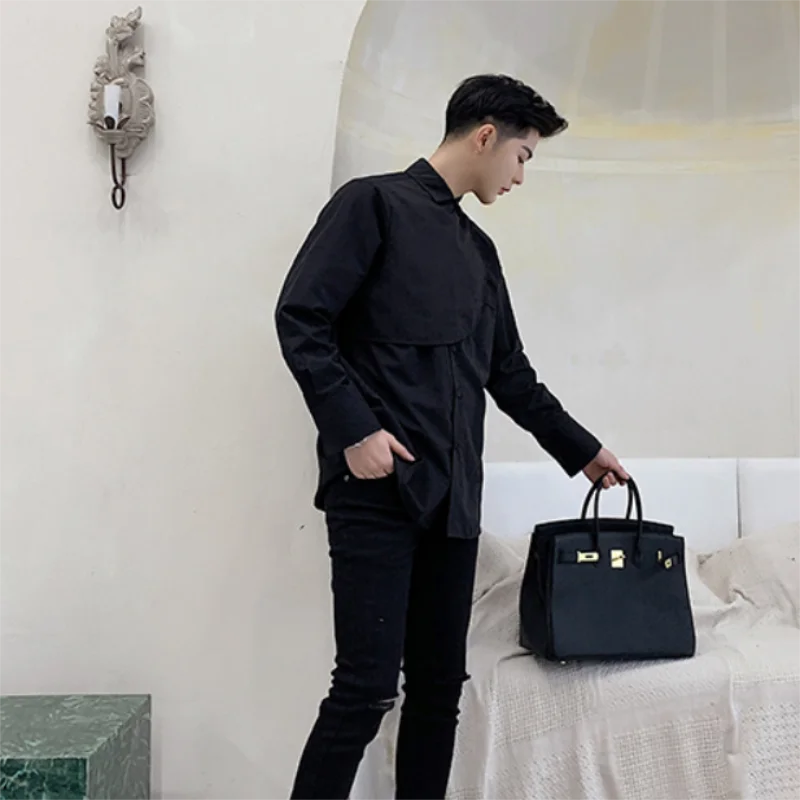Men's superposition irregular patchwork long sleeve casual black shirt men's Japanese street style niche design shirt