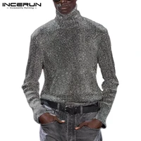 incerun mens solid t shirts long sleeve turtle neck tops fashion nigthclub party t shirts high collar shiny clothing plus size 7
