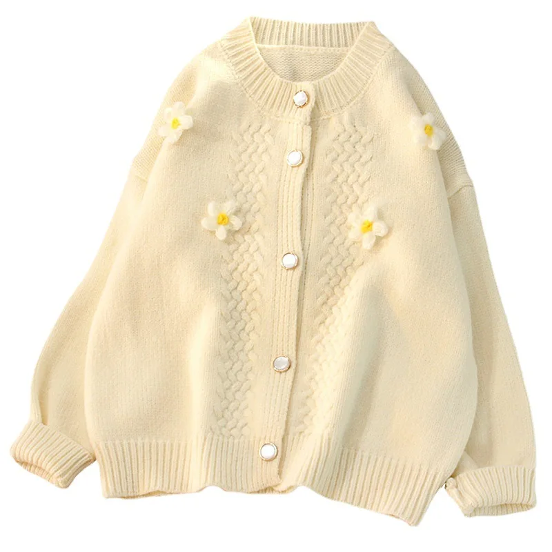 

2021 autumn and winter new Korean style loose lazy wind short daisy decorated knitted cardigan sweater jacket women
