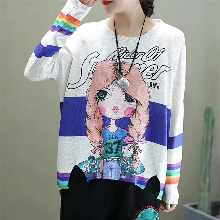 

Spring Women Casual Cotton Linen Blouse Long Sleeve Knitted T Shirt Cartoon Printed Girls Tops Autumn Loose Pullover Mujer De