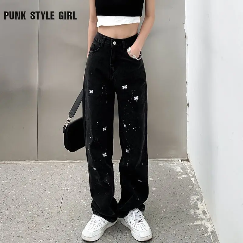 

Cute Butterfly Print Baggy Jeans E Girls Black Cyber Y2k Grunge Fairy Clothes High Waist Denim Pants Loose Casual Wide Trousers