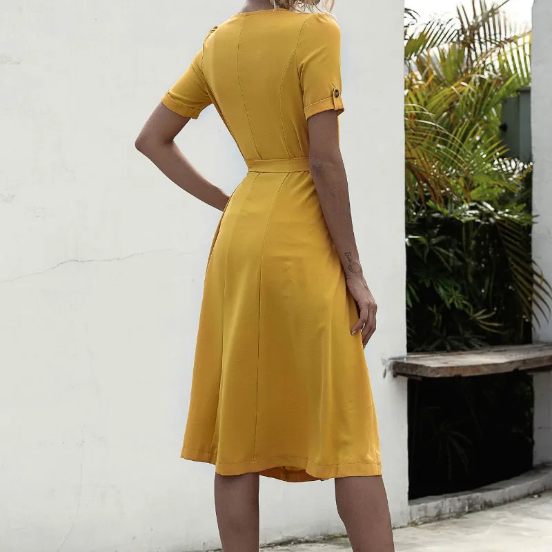 

2020 Spring Summer Dress Solid Color V-neck Short-Sleeve Striped Lace-up Button Dress Casual Elegant Party Fashion Beach Dresses