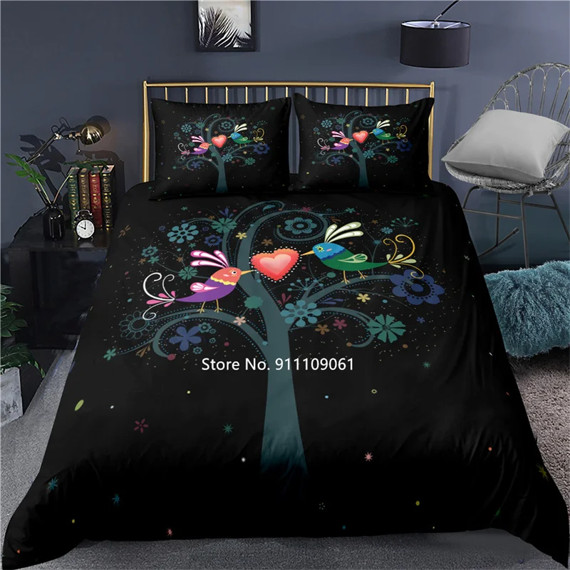 

Love Tree Flower Bedding Set Luxury Black Duvet Cover Pillowcase 2-3 Pieces Home Textile High Quality Bird Love Flower Pattern