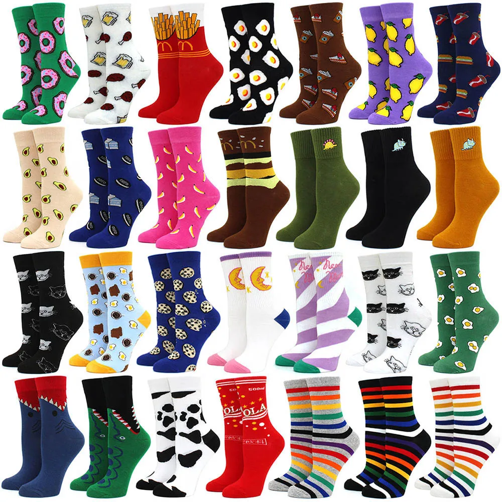 

Women Socks Funny Cute Cartoon Fruits Banana Avocado Lemon Egg Cookie Donuts Food Happy colorful novelty skateboard Socks