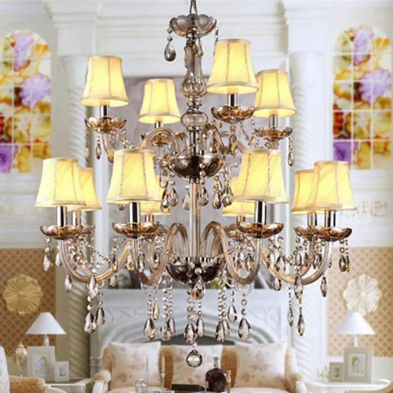 

Penthouse Traditional led chandeliers Vintage crystal lighting villa dining light big hotel cloth shade chandelier Led lamparas