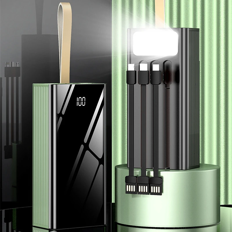 

Внешний аккумулятор 40000 мАч со встроенным кабелем для iPhone 12, Samsung S21, Huawei, Xiaomi, портативное Внешнее зарядное устройство, внешний аккумулятор