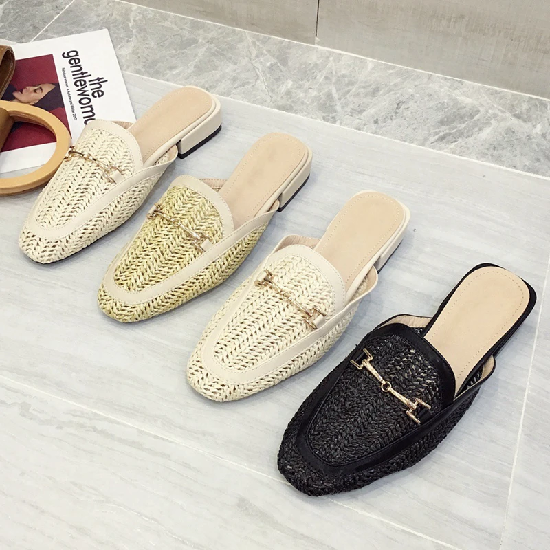 New Fashion Women Mules Slipper Low Heel Slip On Slide Sandals Cane Woven Beach Summer Slippers Flat Sandals