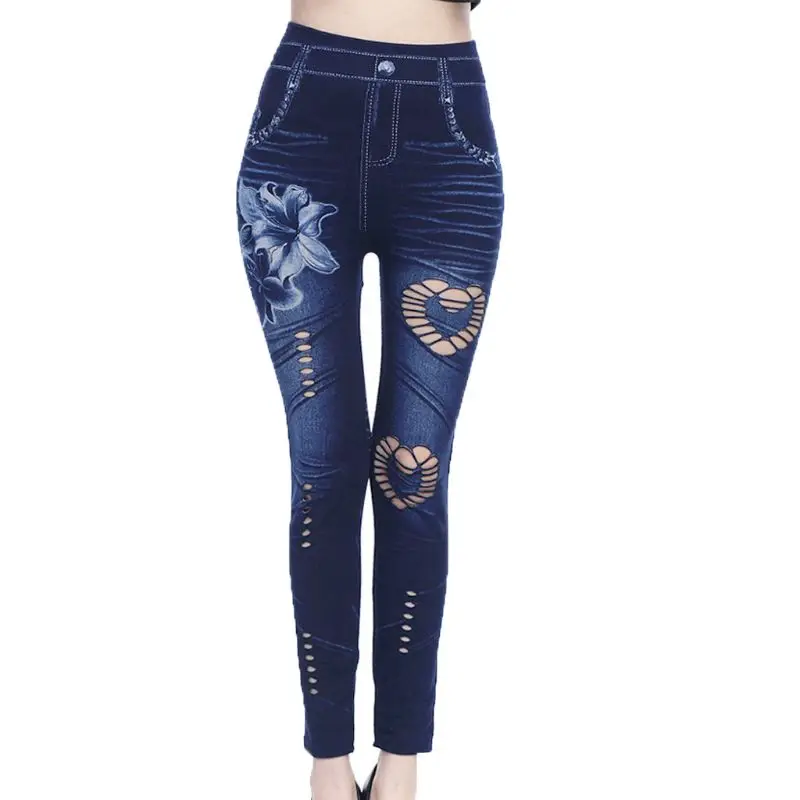 Женские леггинсы с цветочным принтом из искусственного денима Бесшовные