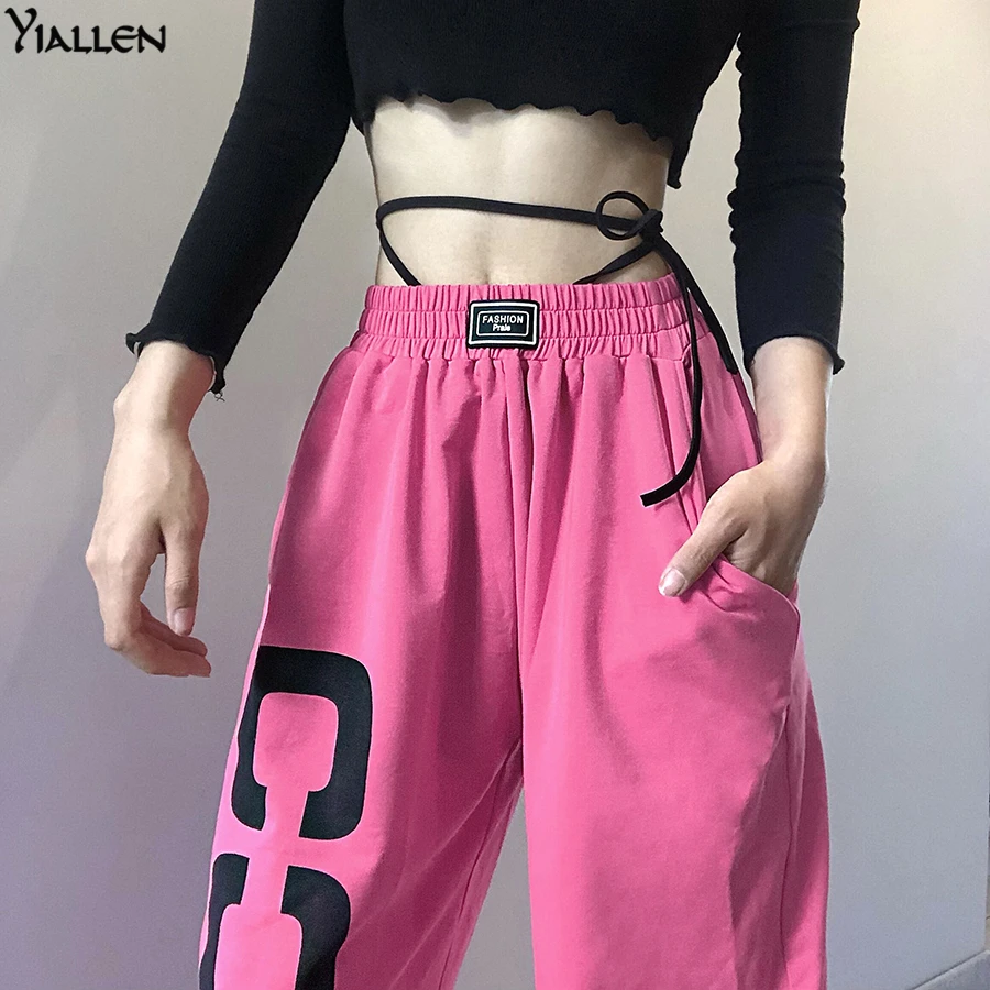 

Yiallen Summer Autumn Letter Print Hip Hop Pants Women Bandage Casual Trend Baggy High Waist Streetwear Elastic Sporty Trousers