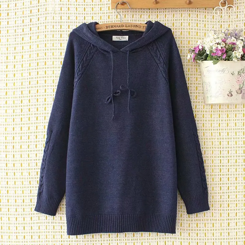 

Plus size hooded women loose sweatshirts sweaters 2021 new autumn winter casual ladies pullovers navy knitted female tops