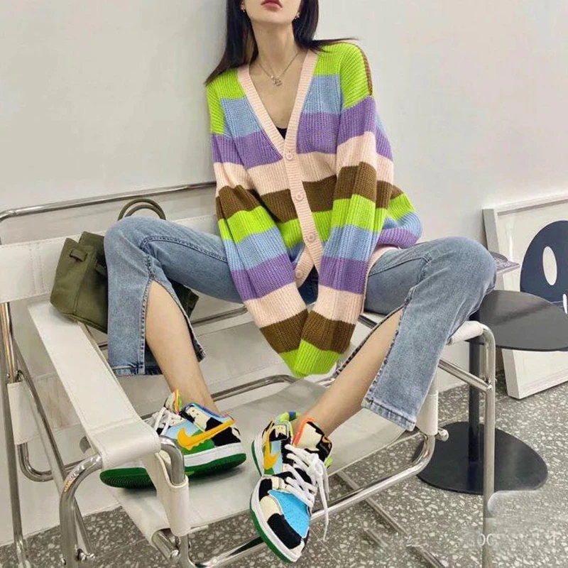 

Winter Cardigan 2021 Women Fashion Rainbow Striped Casual V-Neck Single Breasted Letters Top Knitted Sweaters Coats Christmas Za