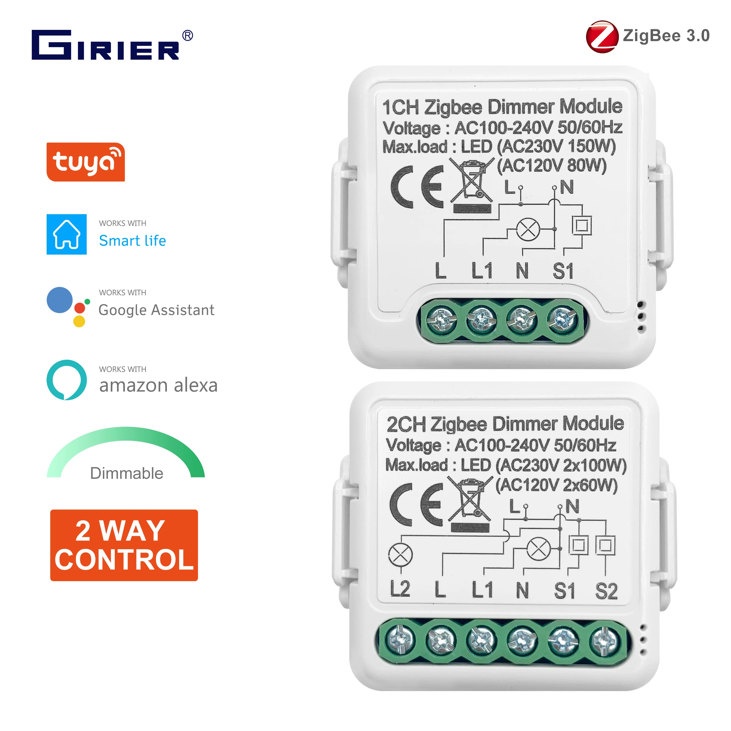 GIRIER Tuya ZigBee 3.0 Smart Dimmer Switch Module 10A/16A, Supports 2 Way Control Dimmable Switch, Works with Alexa Google Home