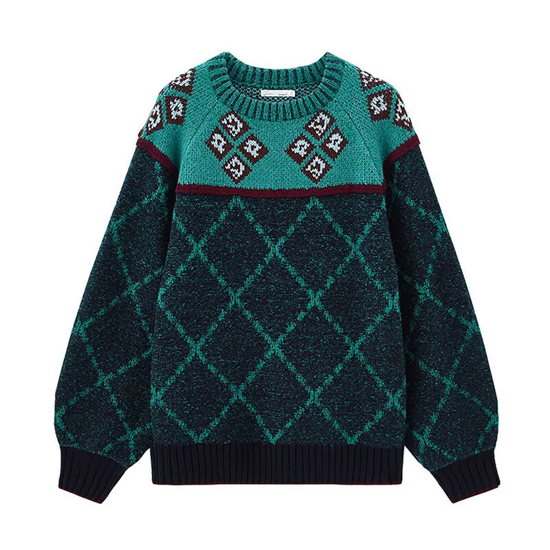INMAN Winter New Arrival Literary O-neck Jacquard Contrast Color Thick Loose Women Pullover - Цвет: Green