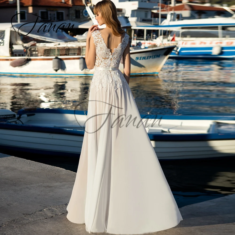 V-Neck Sleeveless Front High Split Beach Wedding Dresses Backless Lace Appliques Chiffon Bridal Gown vestido de noiva платье