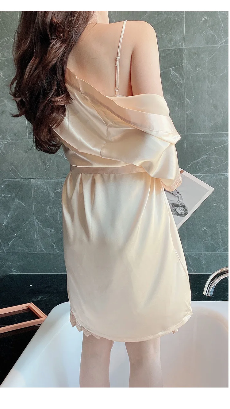 Korean Version Lace Silk Five Piece Set of Women's Sexy Pajamas with Sling, Nightdress, Nightgown Household Clothes Sleepwear