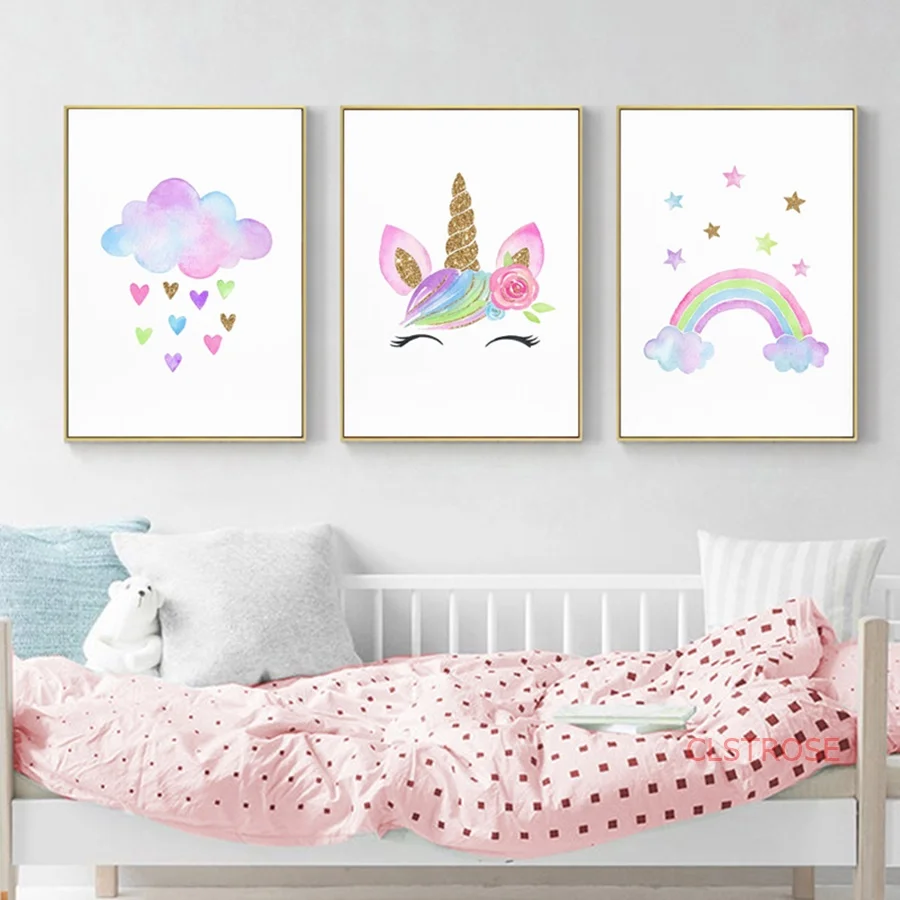 

Baby Girl Nursery Wall Art Canvas Poster Print Cloud with Heats Painting Rainbow Unicorn Picture Nordic Kids Room Decoration