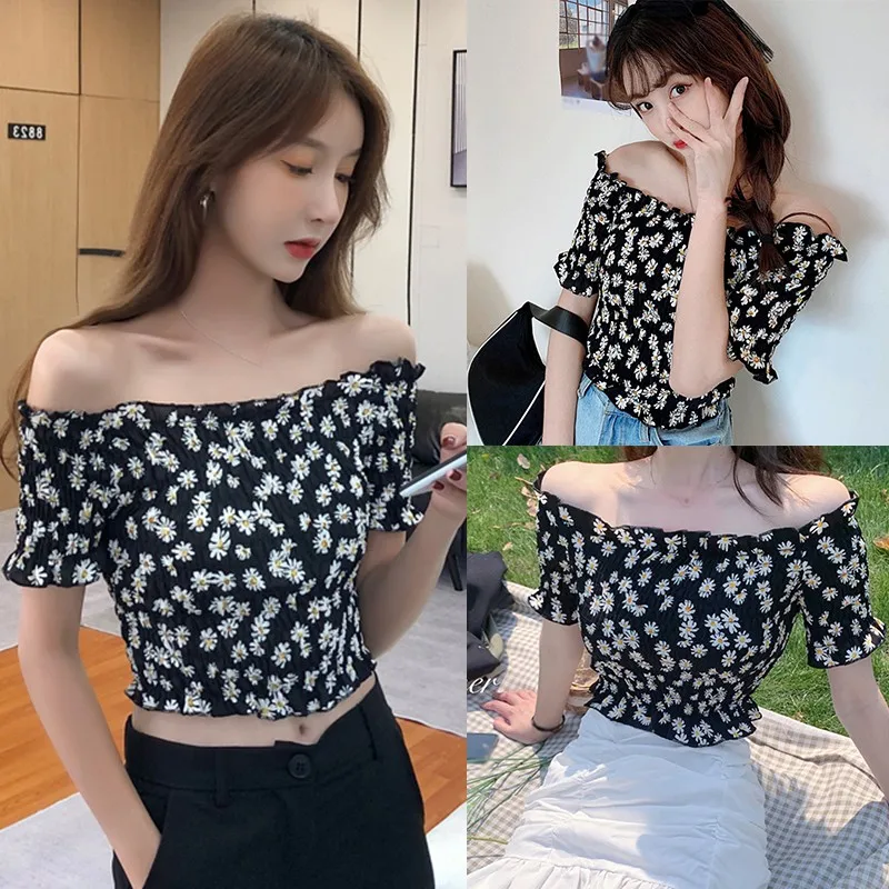

Women's Floral Print Ruched Short Sleeve Off Shoulder Exposed Navel Crop Top