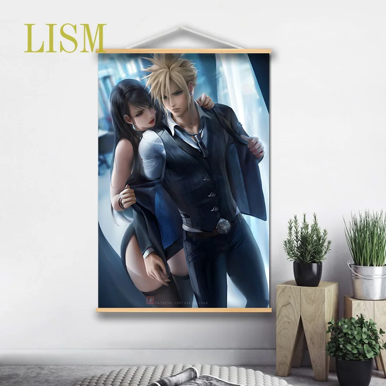 

Final Fantasy Cloud Tifa Anime manga wall Poster solid wood hanging scroll with canvas painting