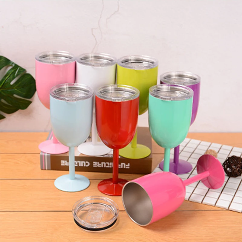 

Wholesale 10oz Goblet Double Wall Champagne Glass With Lid Stainless Steel Wine Tumbler High Quality 9 Colors For Party