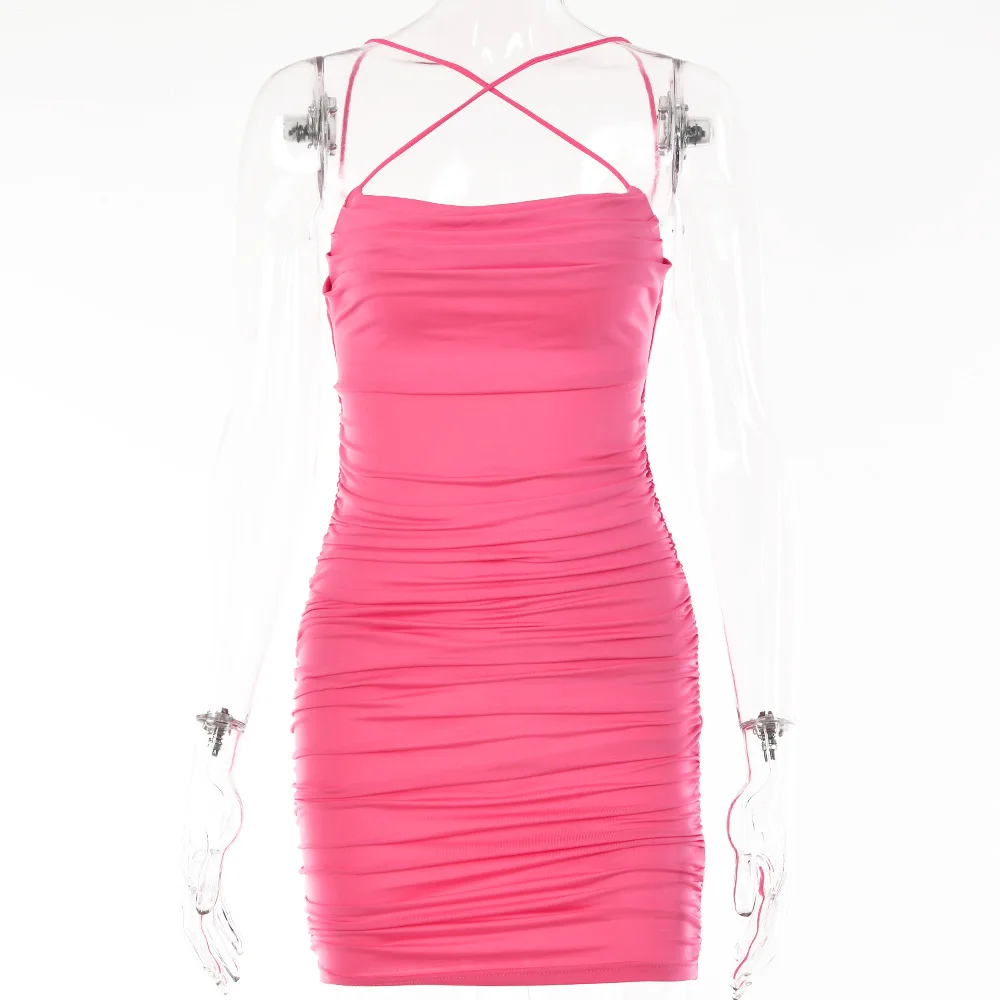 

Sexy Ruched Bodycon Mini Dress Women Summer New 2021 Streetwear Sleeveless Strapless Backless Party Tight Shorts Dresses