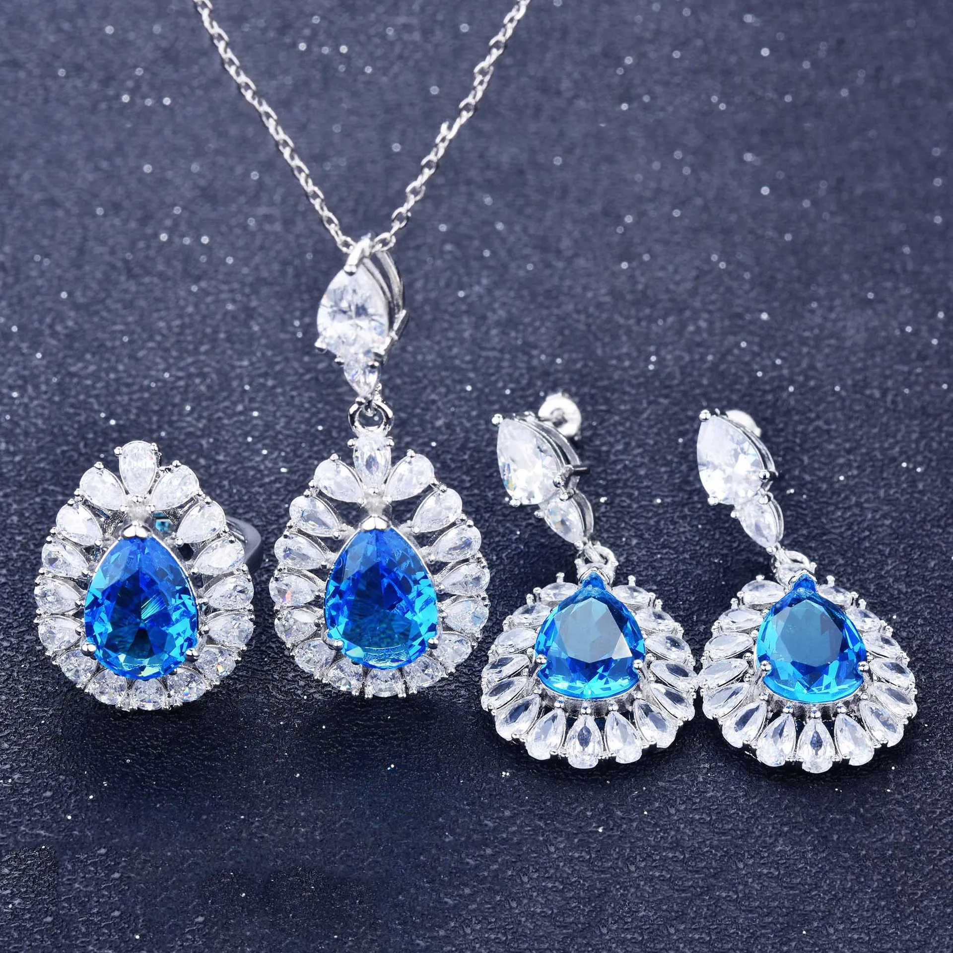 

Europe America Luxury New Inlay Water Drop Blue Topaz Stone Rings Yellow Crystal Stud Earring Pink Pendants Necklace Jewelry Set