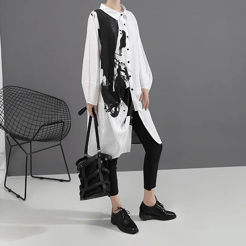 KALENMOS Oversize Shirt Dress Women Spring Lapel Loose Mid-length Dresses Boyfriend Single Breasted Work Long Sleeve Streetwear | Женская