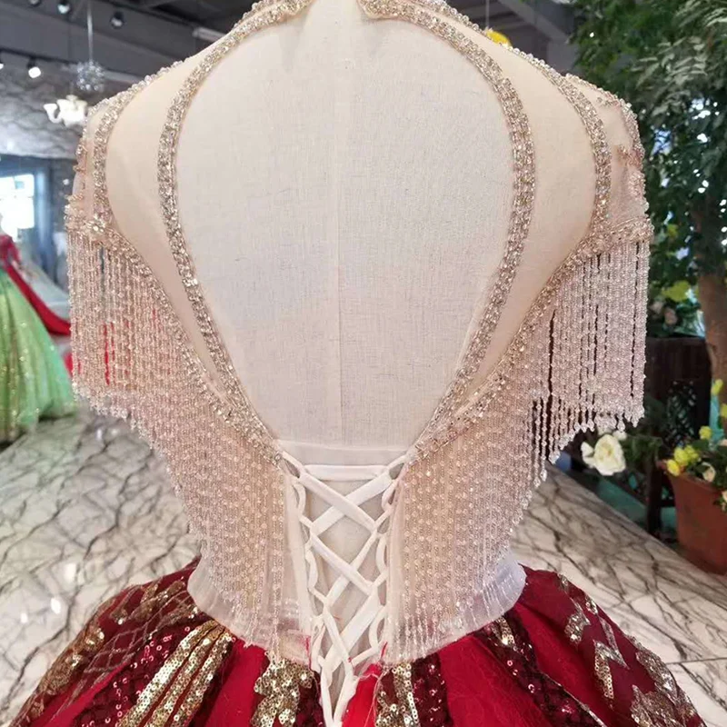 LS11100 Роскошные красные и золотые женские платья с круглым вырезом блестящие