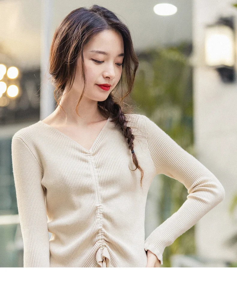 INMAN Winter Elegant Solid Color V Neck Drawstring Flower Swing Women Pullover Sweater