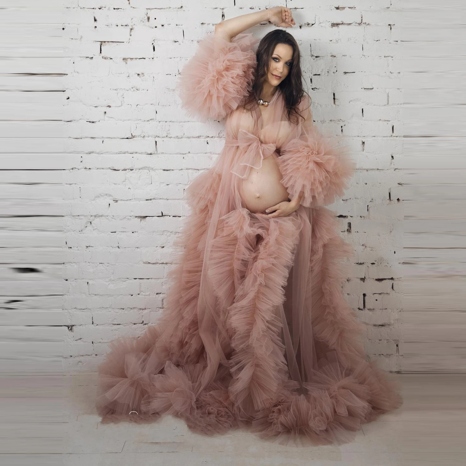 

Уникальное прозрачное Тюлевое длинное кимоно с оборками, многоярусные трапециевидные платья с рюшами для выпускного вечера, объемные рука...