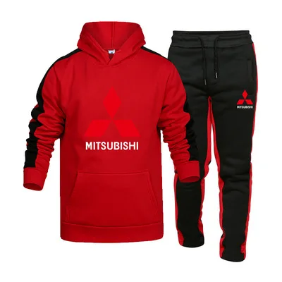 

New Spring Autumn Men Mitsubishi Logo Hoodies Suit Fashion Casual Tracksuit Mens Sports Set Two Piece Stripe Hoodie Pant suit