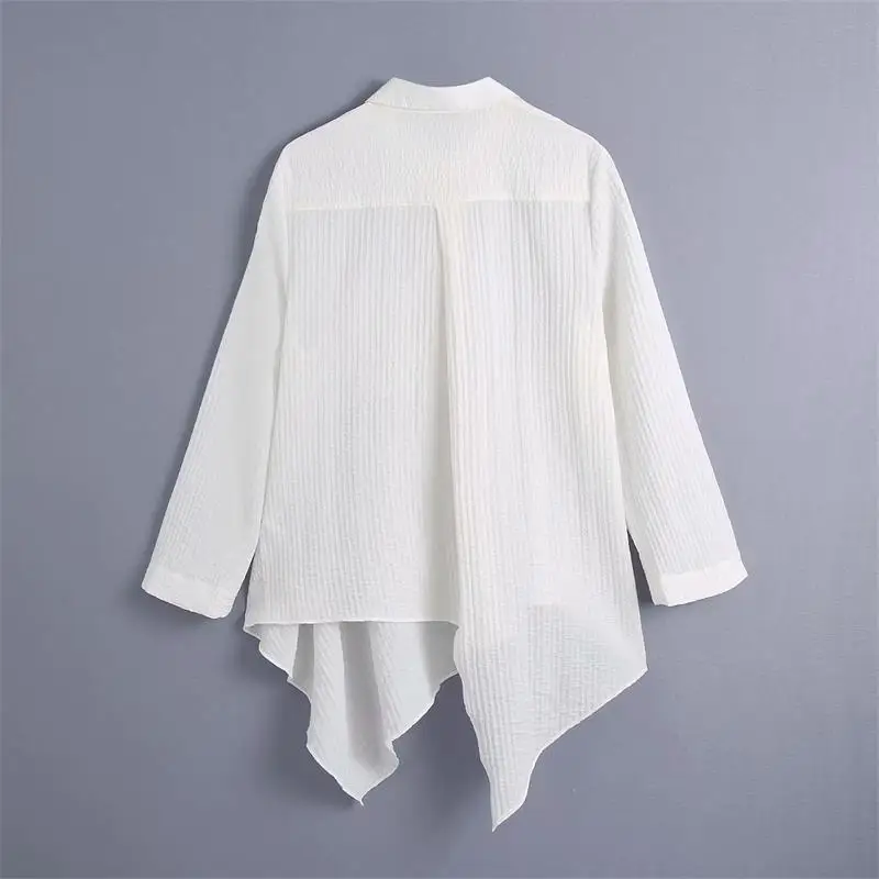 

2021 ZA Summer Women Asymmetrical Casual Striped Blouse Turn Down Collar Long Sleeve Shirt Female Loose Single Breasted Blouse