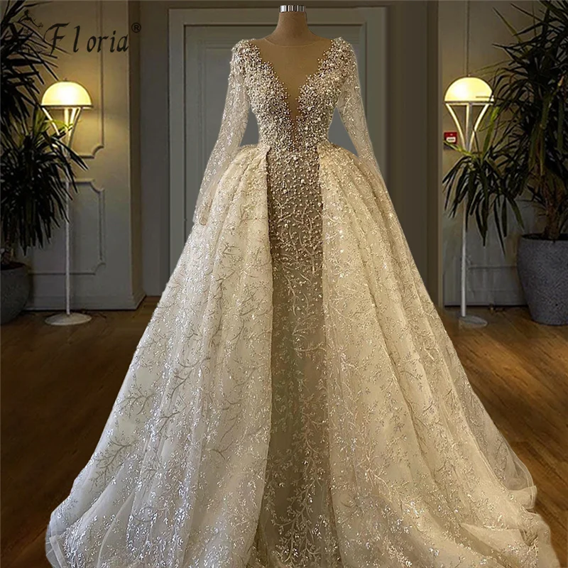 

New Arrival Sheer Neck and Long Sleeve Wedding Dresses 2021 Detachable Skirt Peals Beaded Elegant Wedding Gown vestido de noiva