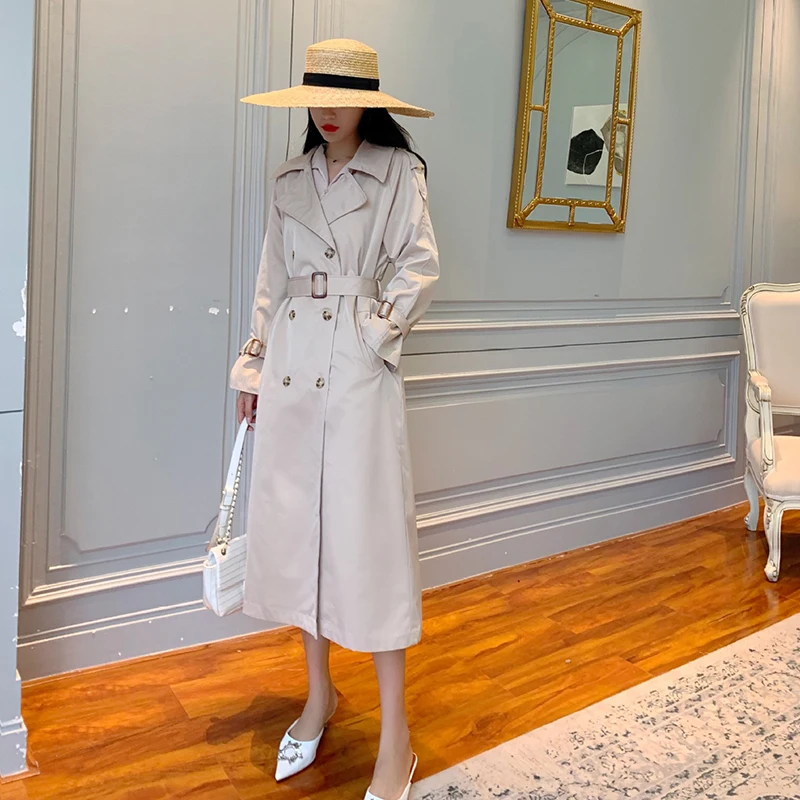 Свободный Длинный однотонный Тренч размера плюс женский двубортный плащ с