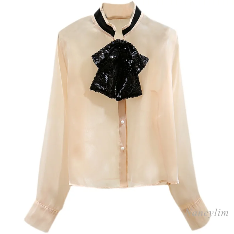 

Women's Glossy Shirt 2021 Spring Korean Style Loose Elegant Sequins Bow Long Sleeve Stand Collar Blouse Blusas