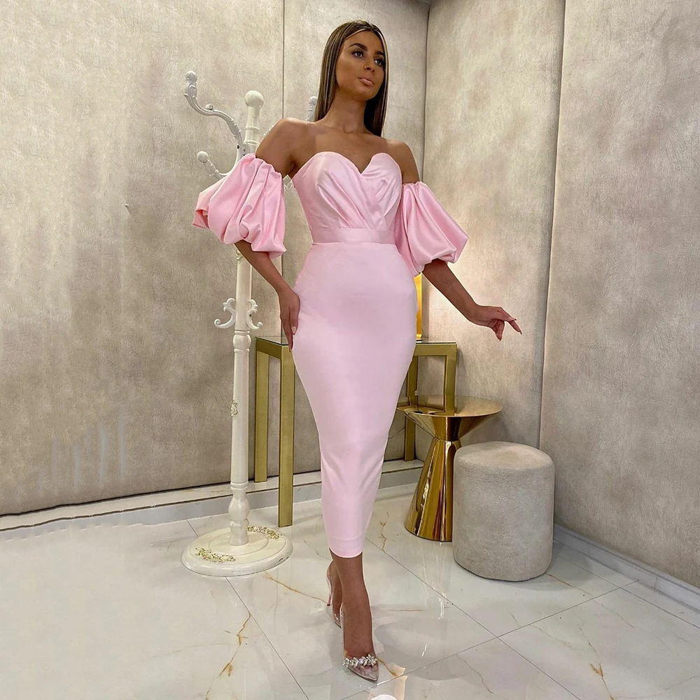 

Pink Satin Short Prom Dress Sweetheart Short Puff Sleeves Prom Gown Sheath Ankle Length Party Dress Vestido De Noche
