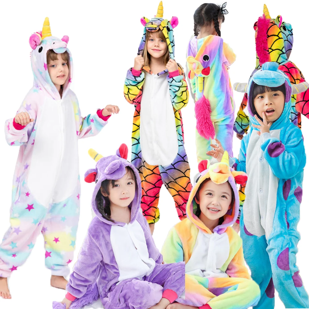 Kigurumi Unicorn Pajamas For 4-12Yrs Kids Boys Girls Warm Winter Spring Stitch Unicornio Panda Animal Christmas Pijama Infantil | Детская