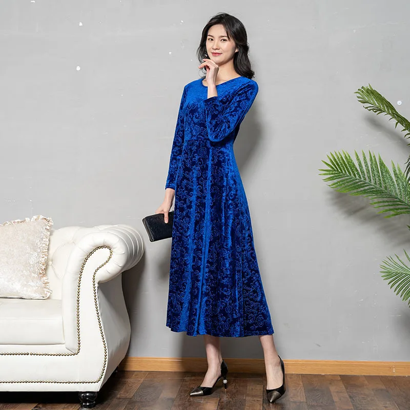 Spring Dress Women Velvet Elegant Long Embossed Womens Dresses New Arrival 2019 Sleeve Vestido KJ2089 | Женская одежда