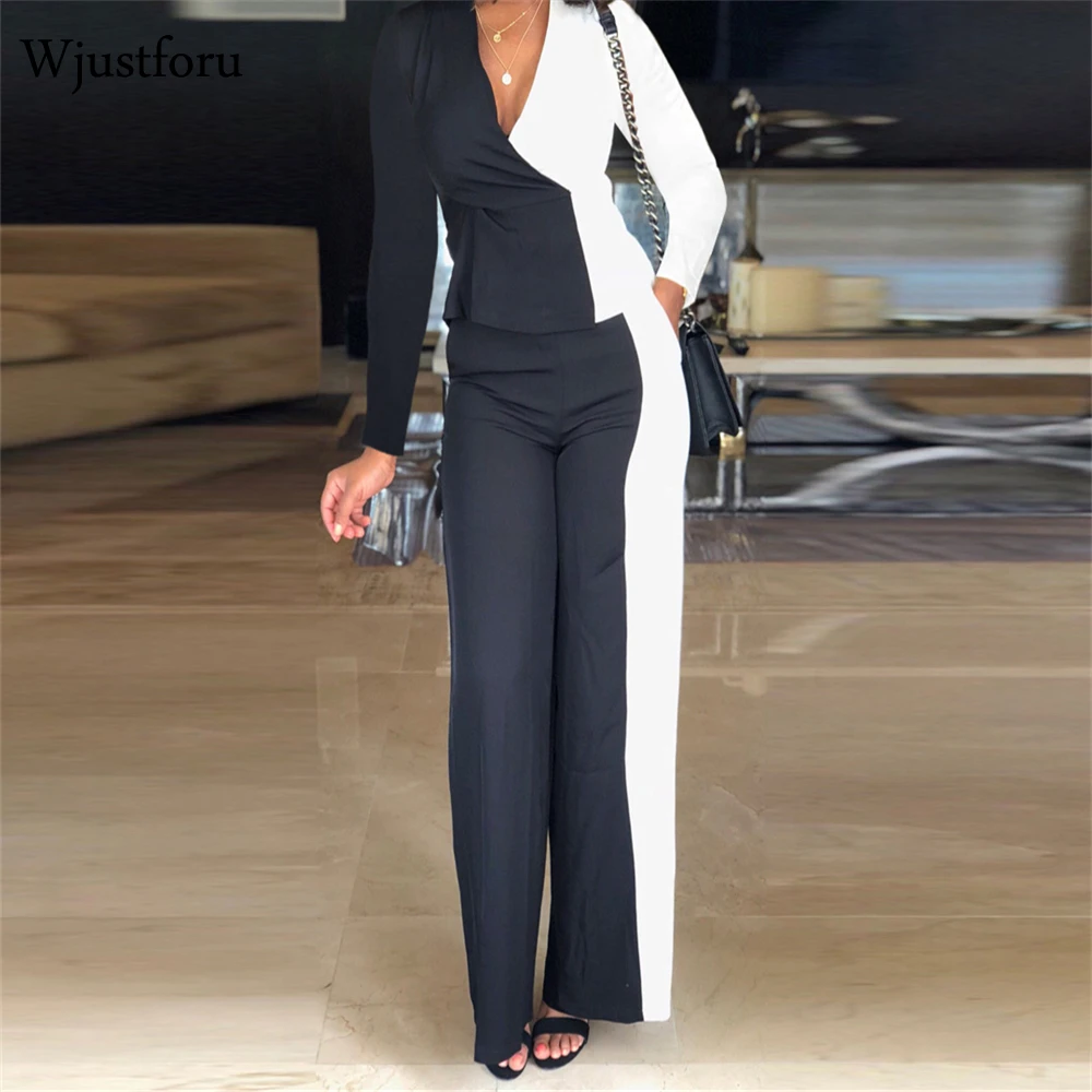 

Комплект из двух предметов Wjustforu в стиле пэчворк, женский топ с V-образным вырезом и длинным рукавом, брюки с высокой талией, модная офисная о...