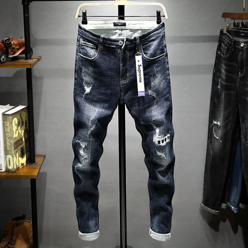 Осенние новые стильные джинсы мужские популярные брендовые свободные