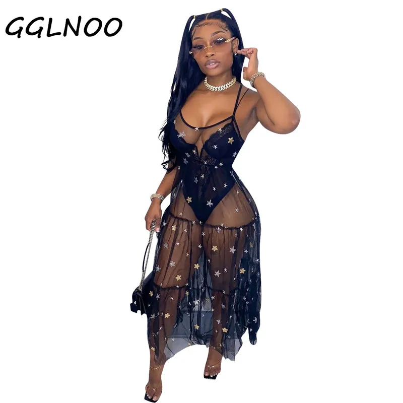 

GGLNOO Women Dress Mesh See-through Sleeveless Strap O-neck Sequins Loose Long Maxi Dresses Sexy Outfit Summer New Fashion 2021