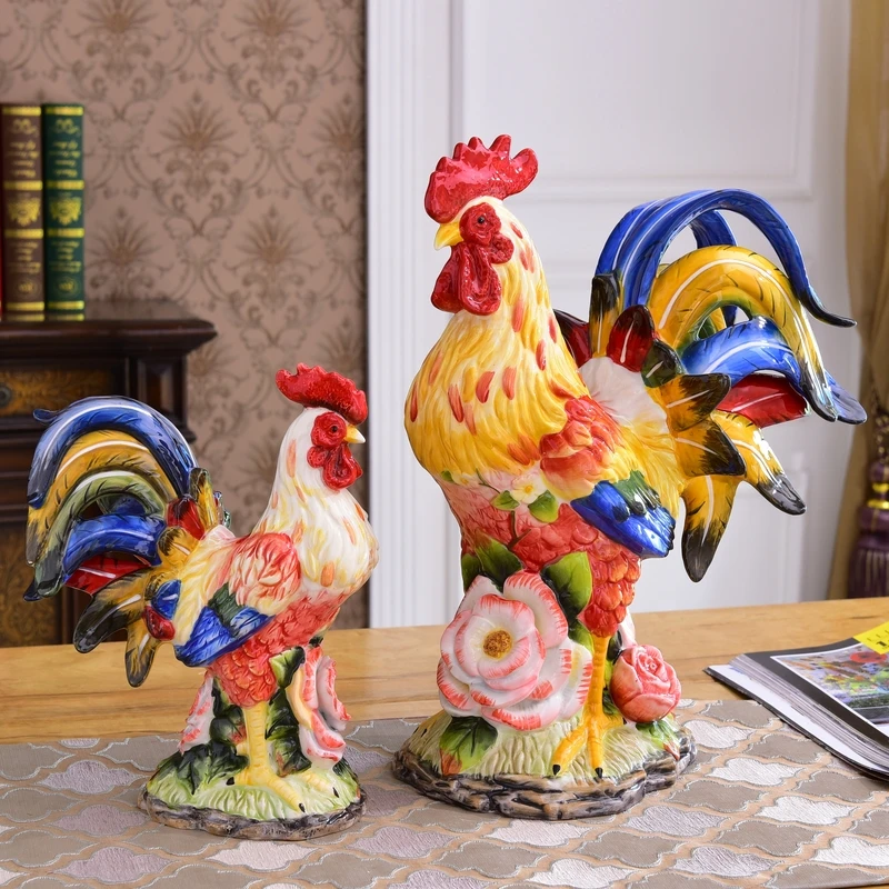 

European Style Simulation Ceramics Cock Creative Home Living Room TV Cabinet Lucky Chicken Craftwork Figurines Ornaments X3152