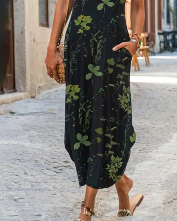 

robe grande taille femme Summer pocket short sleeve v neck printed black maxi dress,plus size women clothing 4xl