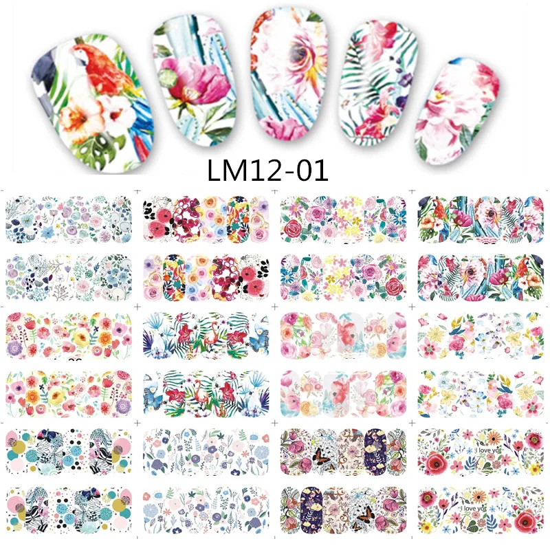 LM12-01 12 Designs Watermark Nail Art Decoration Water Decals Flower Flamingo Bird Rose Sticker Manicure Sliders Adhesive Tip BN913-924 - Color: LM12-01