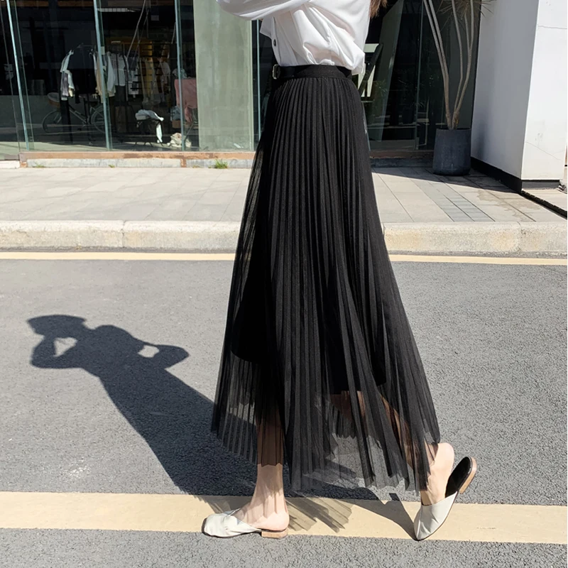 

2021 summer high waist mesh pleated skirt female mid-length a-line skirt mesh mid-length skirt