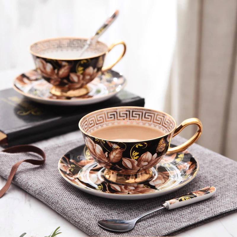 

Creative Coffee Cup Saucers Black Magnolia European Bone China Tea Set Afternoon Party Drink Home Drinkware Gifts