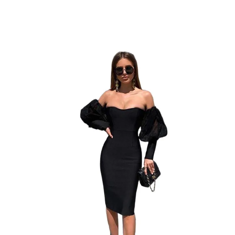 

Off-Shoulder Wrapped Chest Backless Dress High Waist Long Sleeves Bandage One-Piece Dress 2021 New Fashion Elegant Dress