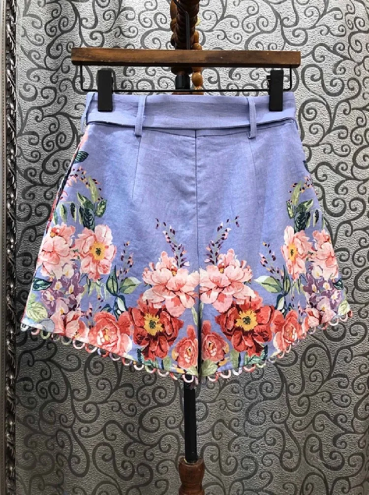 

2020 Summer Fashion Shorts High Quality Linen Women Charming Flower Print Ring Deco Belted Casual Blue Shorts Pants Clothing