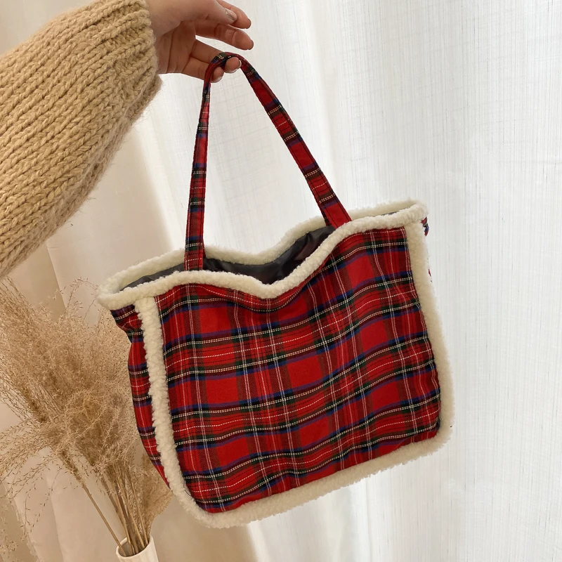 

Vintage Wool Red Plaid Women Handbag Winter Soft Plush Ladies Shoulder Bags Large Capacity Shopping Bag Girls Travel Casual Tote